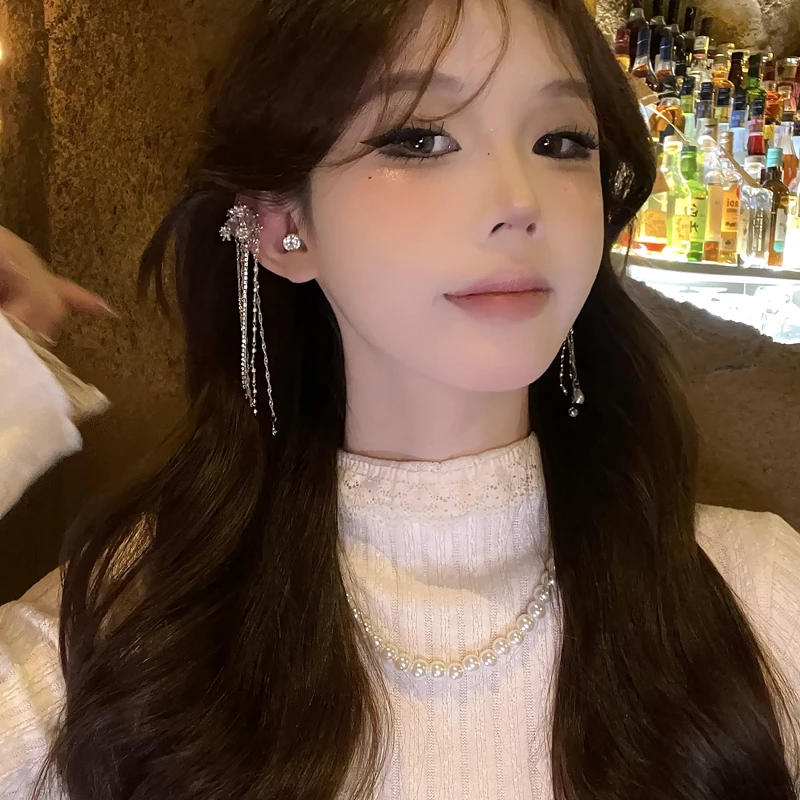 铜合金合成锆石耳饰 韩版时尚仙气长款流苏无耳洞耳骨夹个性时尚