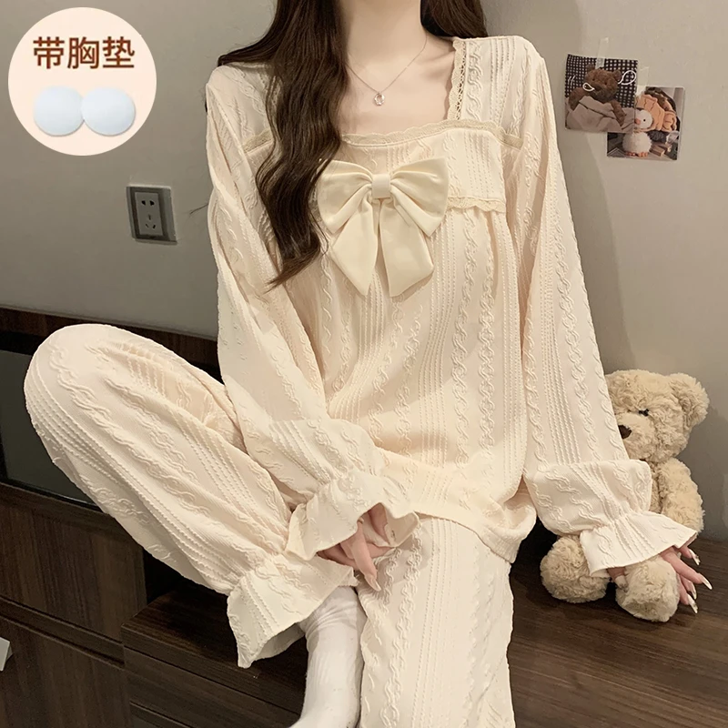 2024年新款带胸垫睡衣女纯棉春秋季长袖公主风女士新款家居服套装