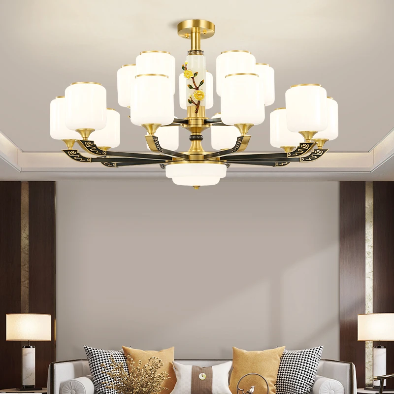 新中式吊灯高档全铜吸顶客厅灯真玉石家用大厅餐厅灯全屋灯具组合