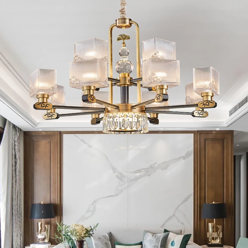 新中式全铜吊灯大气高端水晶玻璃轻奢国风别墅客厅餐厅书房全铜灯
