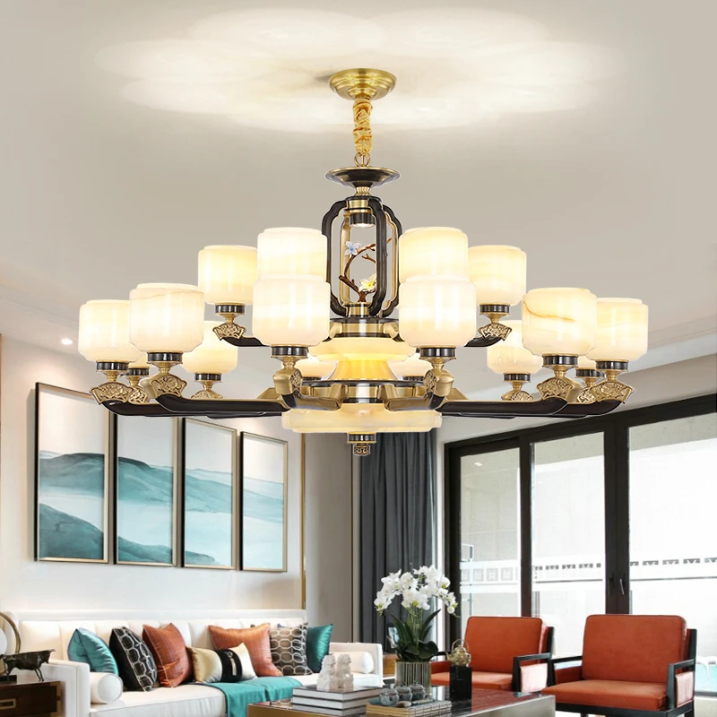 全铜吊灯新中式客厅珐琅彩天然玉石灯豪华大气别墅大厅全屋家用灯