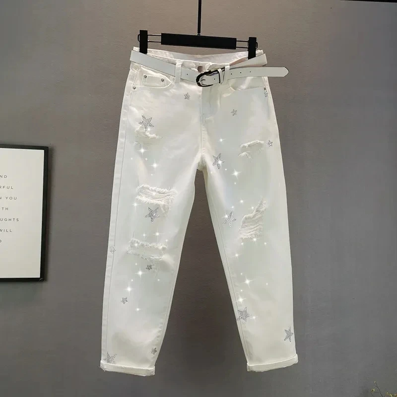 白色牛仔裤女2024夏季新款欧货ins宽松显瘦星星烫钻破洞烟管裤热