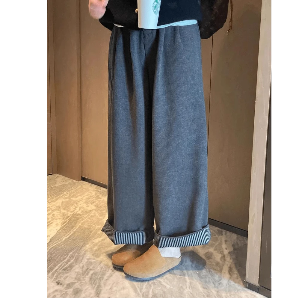 春秋季新款复古灰色卷边格纹高腰休闲裤女宽松百搭直筒阔腿裤子