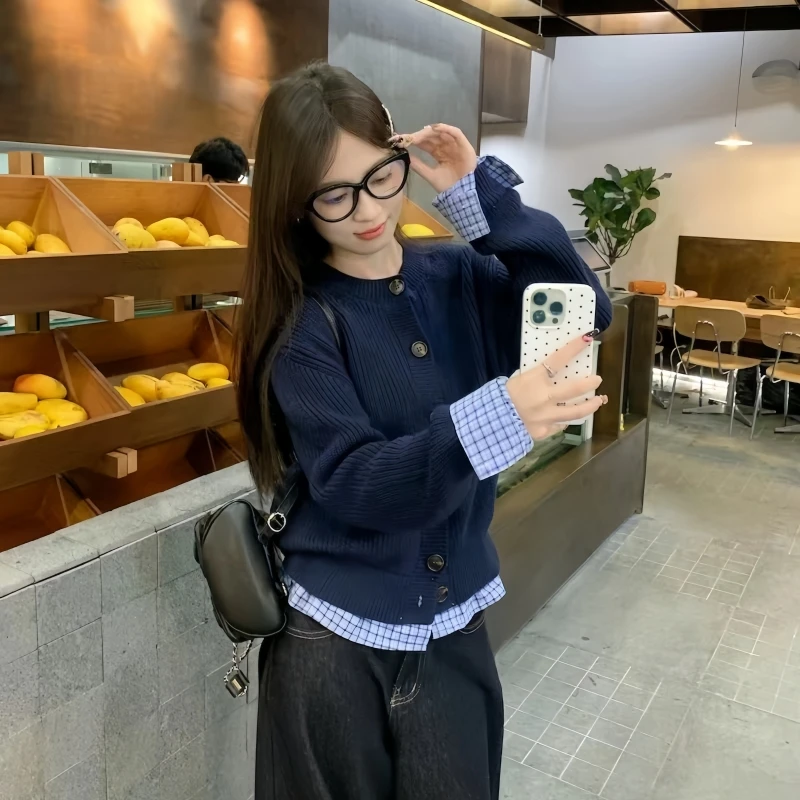 美式复古假两件格子撞色针织衫女早秋显瘦百搭设计感毛衣开衫外套