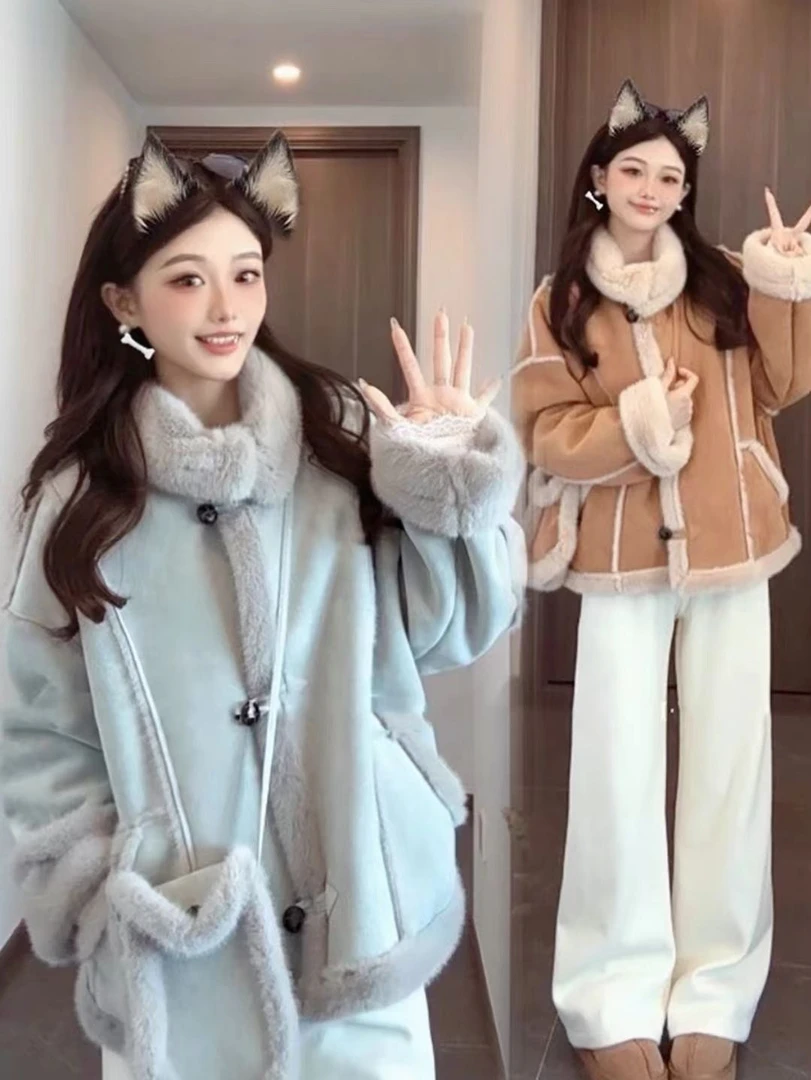 2024冬季新款毛毛送包包外套女短款韩版宽松立领机车风休闲