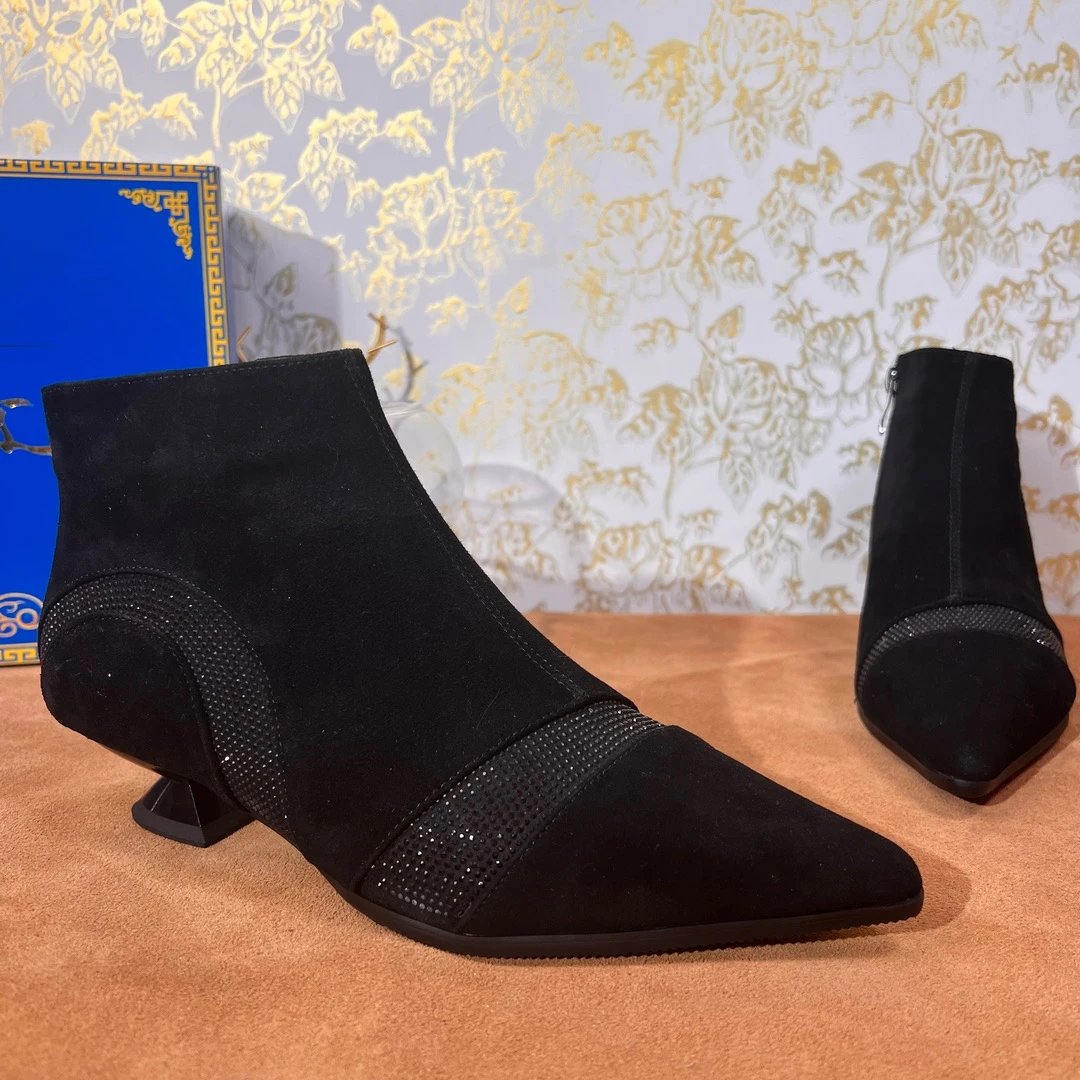 445-17女式尖头牛皮短靴跟鞋百搭磨砂皮黑色青海西藏甘孜包邮