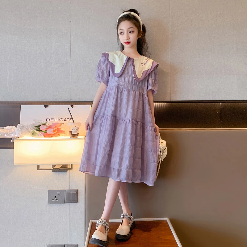 女童连衣裙夏季2025新款洋气女孩长款娃娃领中大童甜美儿童公主裙