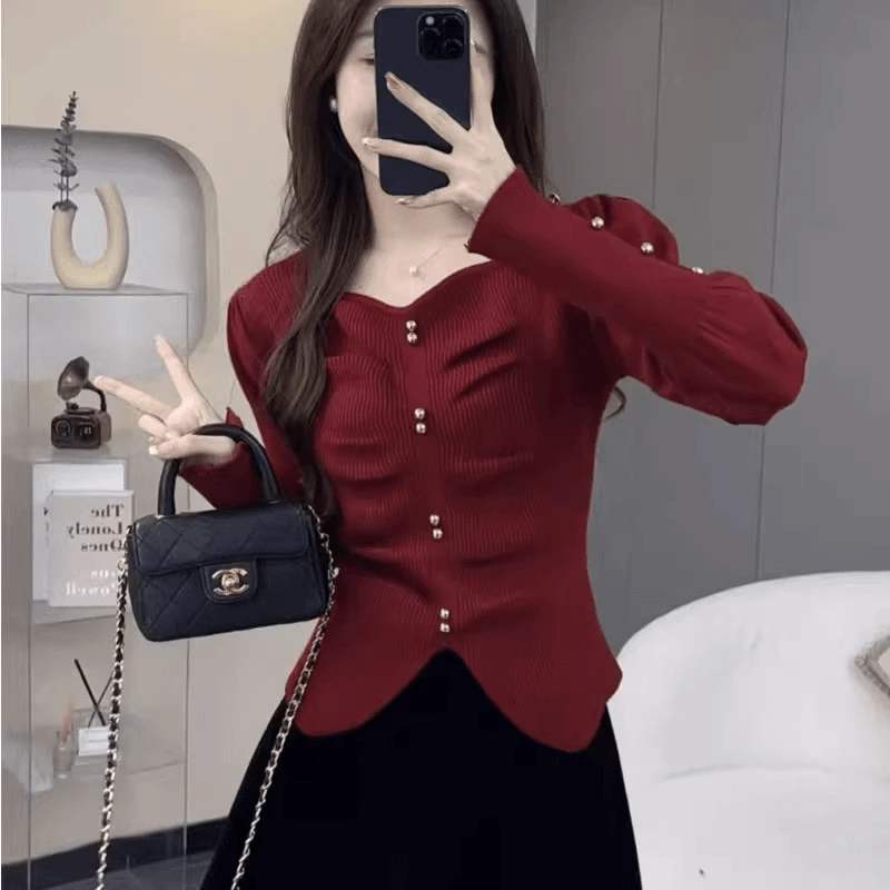 方领褶皱毛衣打底衫女秋冬高级感洋气时尚别致漂亮内搭针织衫上衣