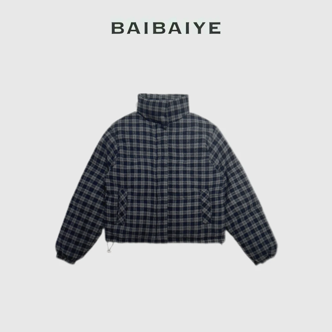 "韩系极简" 苏格兰羊毛藏蓝格立领羽绒服 BAIBAIYE Z23FB516