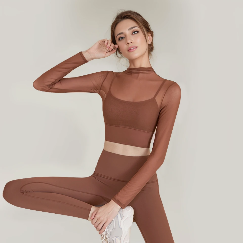 长袖美背内衣女固定一体杯修身假两件瑜伽服运动上衣普拉提健身服