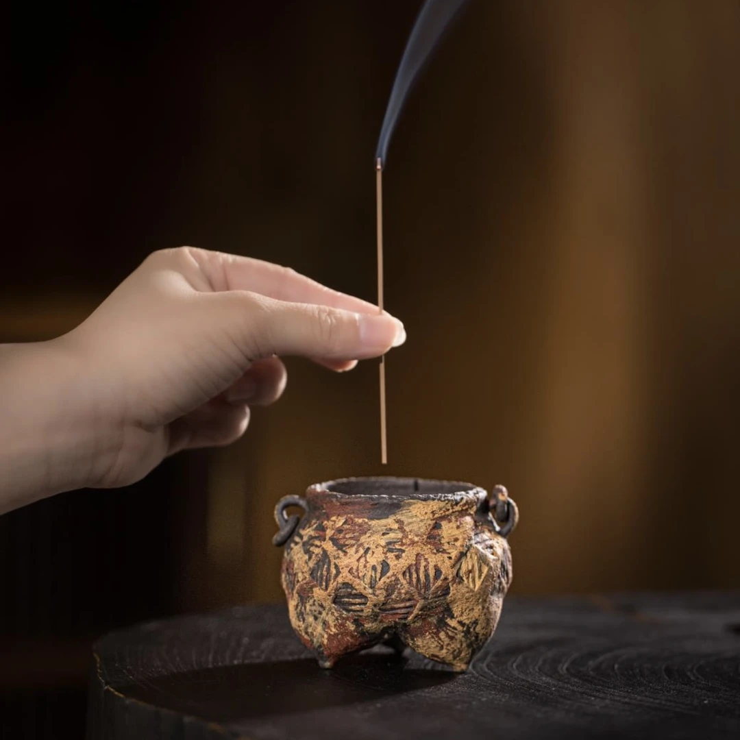 【小屿茶器】紫砂 三足双环小香炉手工泥小建水侘寂炉