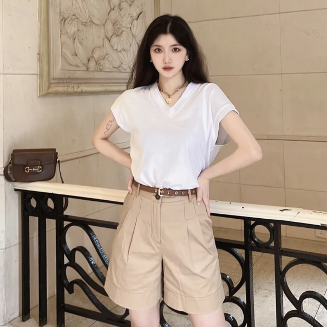 GIRDEAR/哥弟V领百搭显瘦素面T恤1300832（宽松版 可往小一码拍）