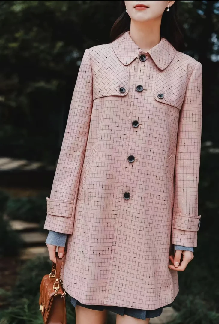 哥弟新款时尚单排扣翻领虚线格纹风衣外套1400763