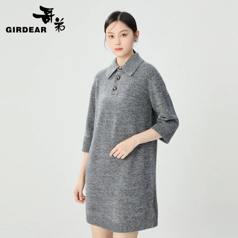 【官方正品】哥弟大气立式翻领宽松中袖直身廓形针织洋装1599030