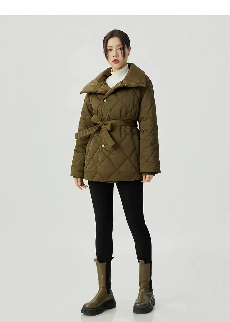 哥弟秋冬新款高领系腰新雪丽绗缝暖冬中长款宽松棉服外套1400729