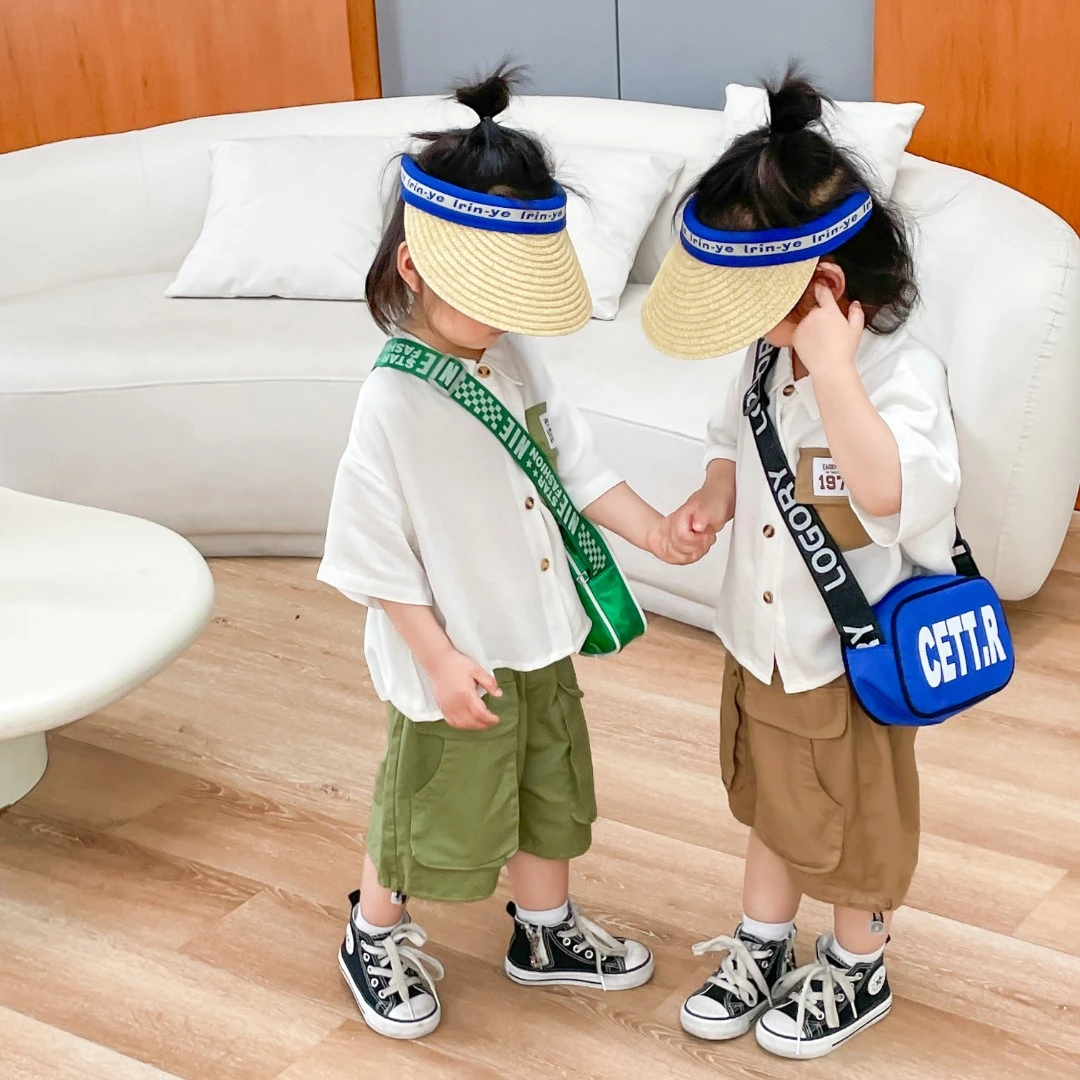 2023儿童短袖童装男童休闲夏季拼接拼色时尚衬衣绸感韩版套装