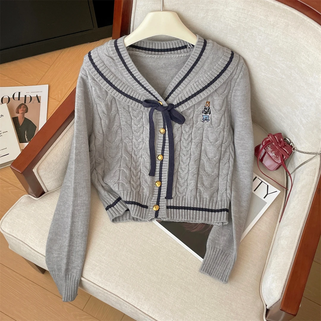 学院风海军领撞色长袖毛衣女秋冬季新款开衫蝴蝶结灰色针织衫上衣