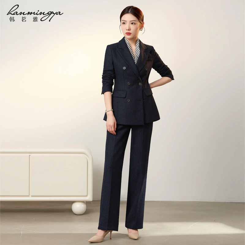 【韩茗雅】人字纹西装女冬季双排扣时尚修身套装职业保暖正装女神范