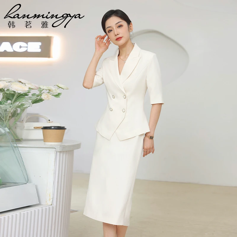 【韩茗雅】夏季短袖四粒扣米白色职业西装套装西服套装女正装