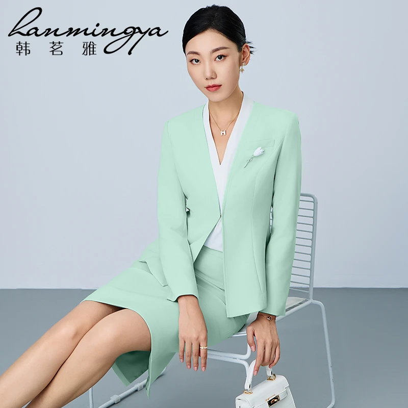 【韩茗雅】早秋浅绿色套裙西服无领无扣范通勤西装裙女士经理白领