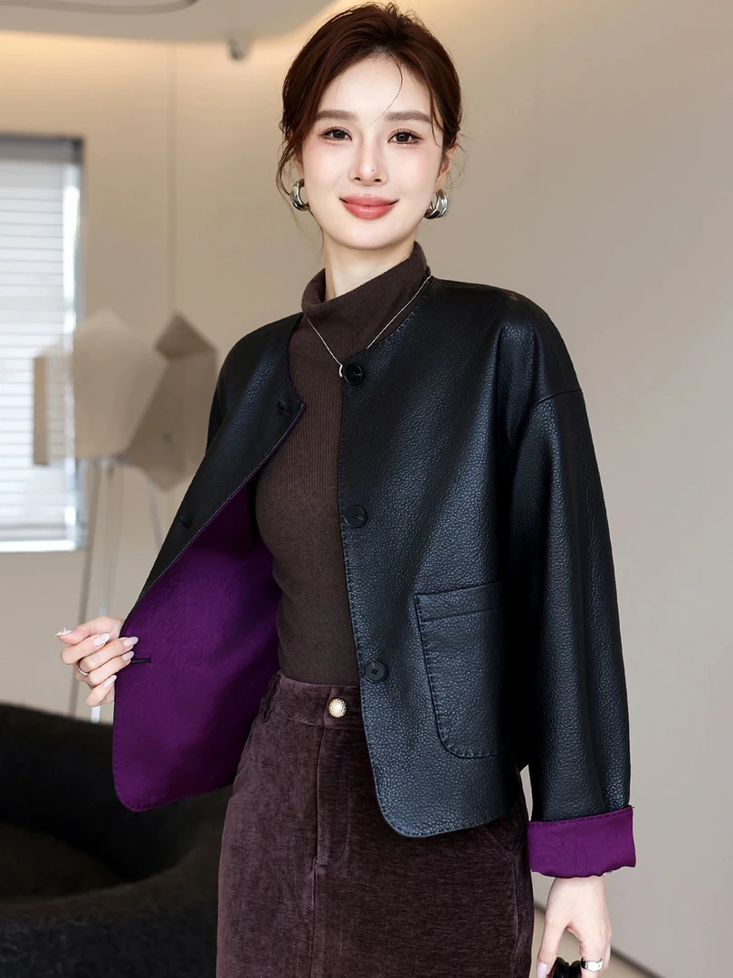 双面双穿荔枝纹真皮头层绵羊皮海皮衣圆领夹克皮外套女装AG588