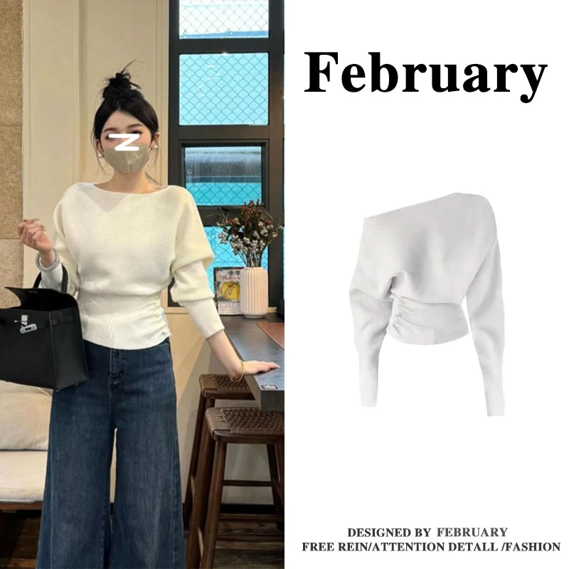 大码设计感侧边纽扣压褶毛针织衫女冬季收腰显瘦斜肩长袖上衣7141