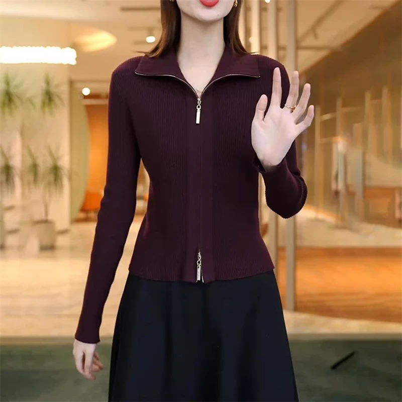 气质翻领双拉链打底毛衣女冬季新款大码高级感修身显瘦针织衫外套