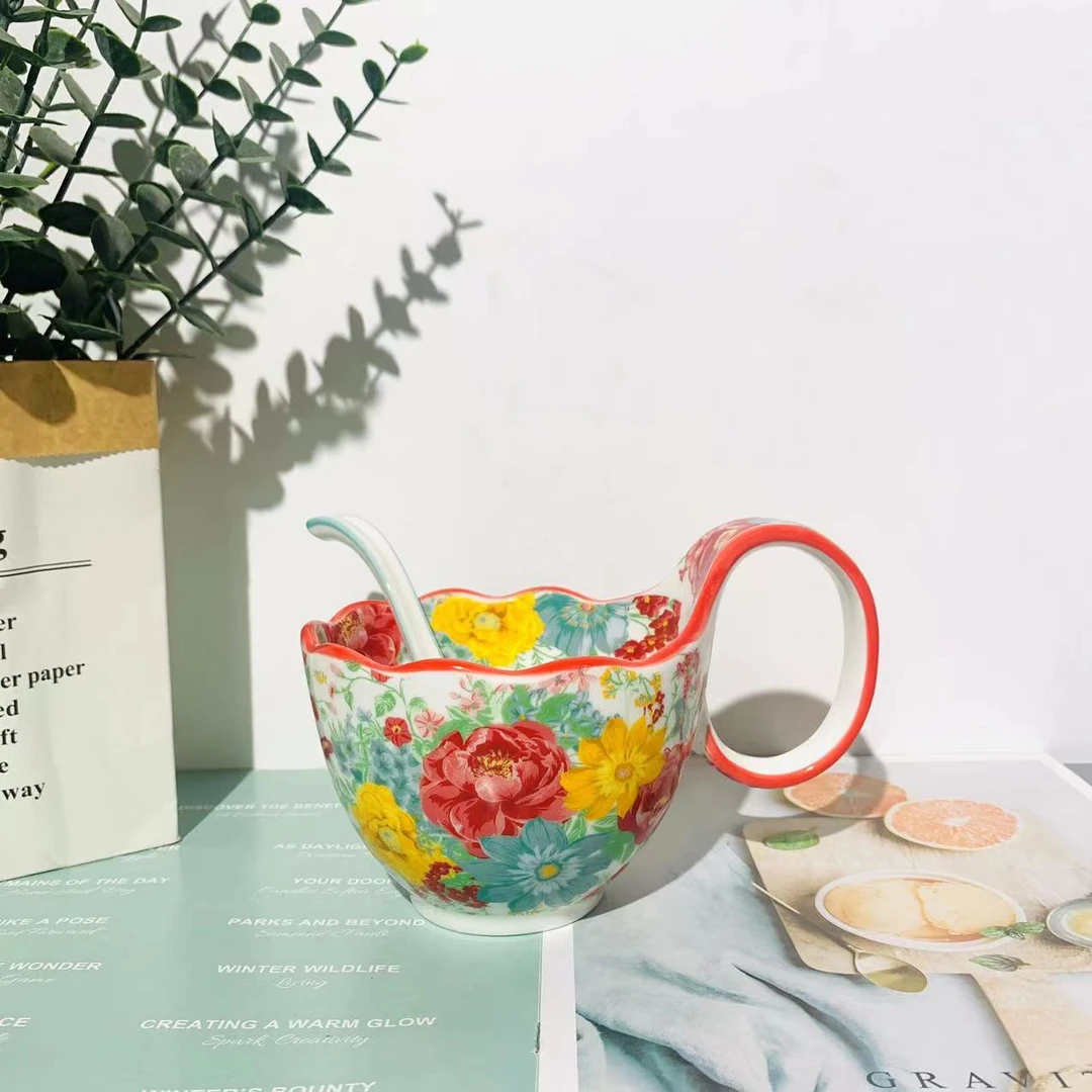 【精选】花团锦簇-曲把杯加勺高温釉下彩手绘