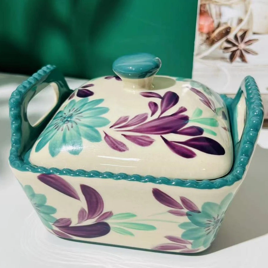 【精选】姹紫菁蓝5寸提柄盖碗烤碗零食碗手工釉下彩英式小炖盅