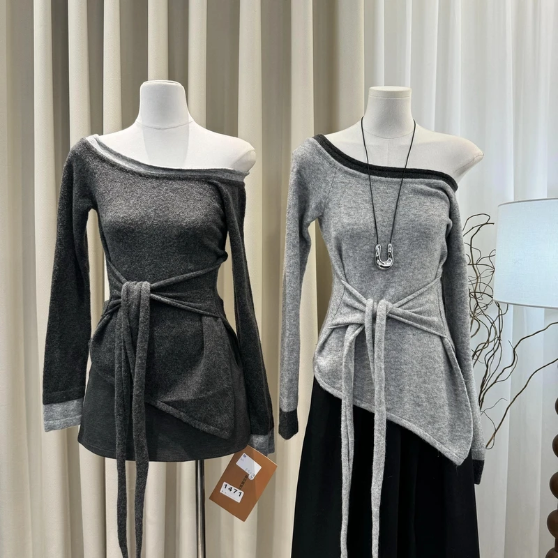 【ZZ严选】3331假两件小众设计感套头针织衫女不规则绑带收腰毛衣