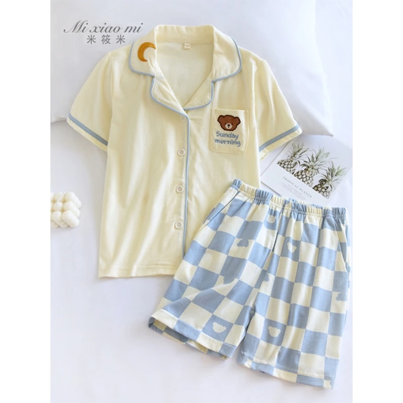 米筱米儿童夏季薄针织纯棉短袖短裤睡衣套女童男孩卡通亲子家居服