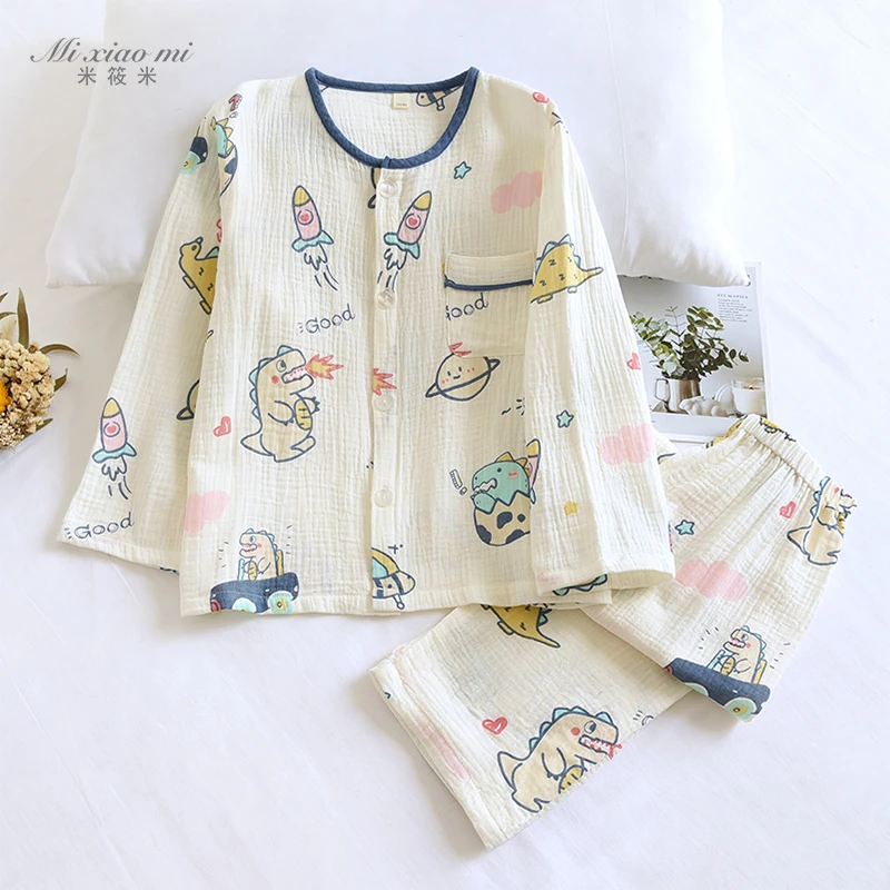 米筱米夏天春夏薄水洗儿童起皱薄款睡衣男孩卡通家居服防蚊服