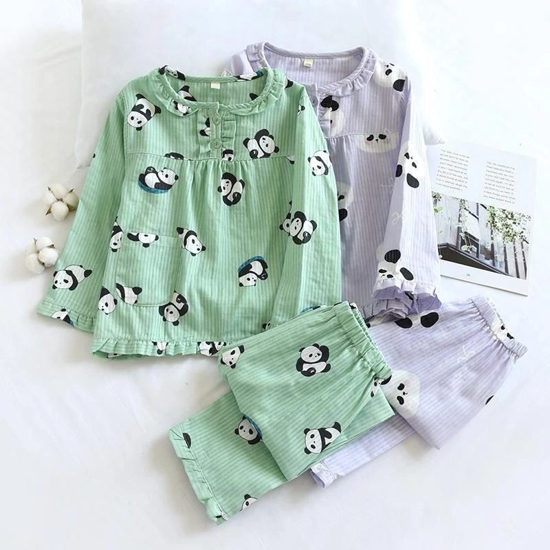 儿童春夏薄款纯棉纱布空调服可爱熊猫长袖全棉套头女童公主家居服