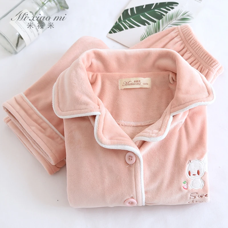 米筱米秋冬季海岛绒加厚可爱刺绣粉色兔子长袖加绒套女童家居服