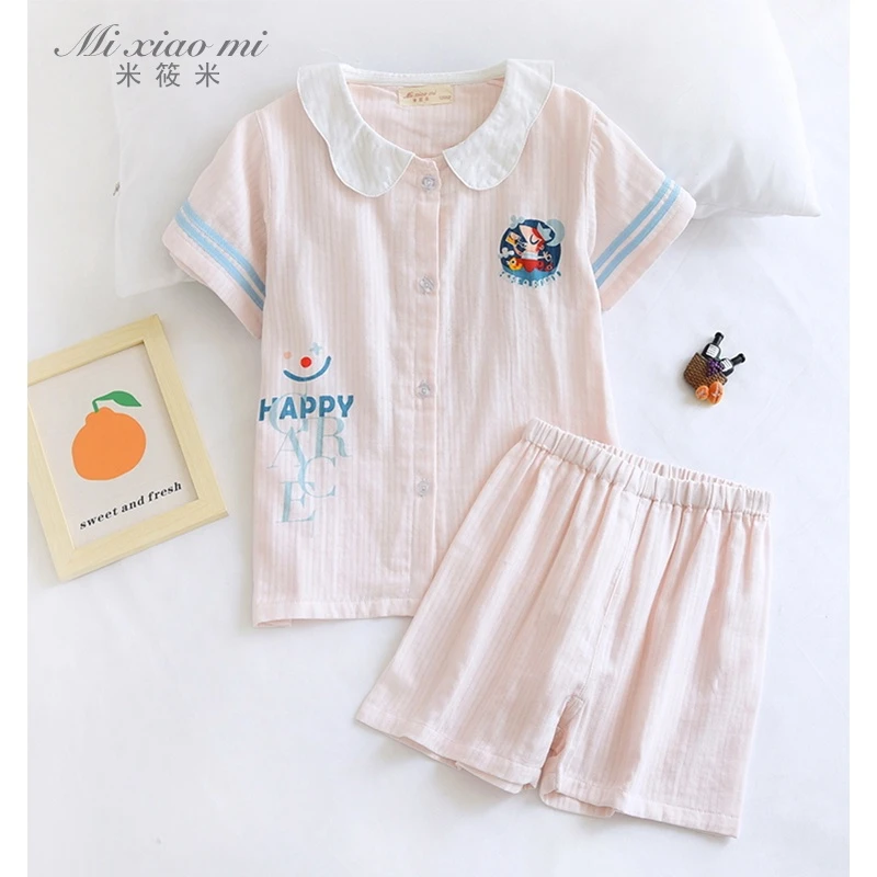 米筱米宝宝夏季薄夏天纱布短袖校园风睡衣套女孩可爱海军风家居服