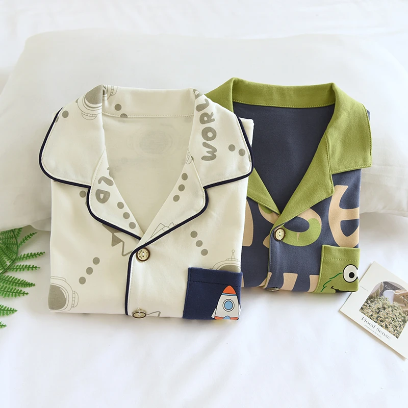 米筱米儿童春秋新品纯棉睡衣套男童宇航员全棉家居服棉毛长袖套装