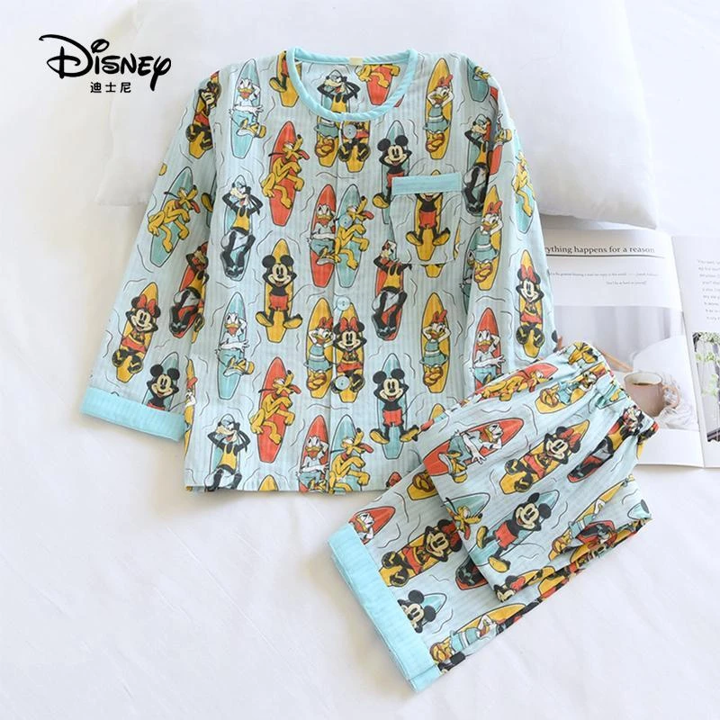迪士尼可爱米奇全棉春夏薄纯棉纱布睡衣套男童空调圆领长袖家居服