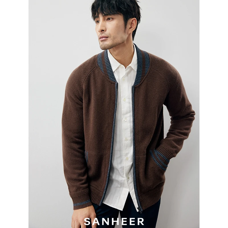 SANHEER 高档30%羊绒70%羊毛男士棒球领针织开衫羊绒外套 DAZ689