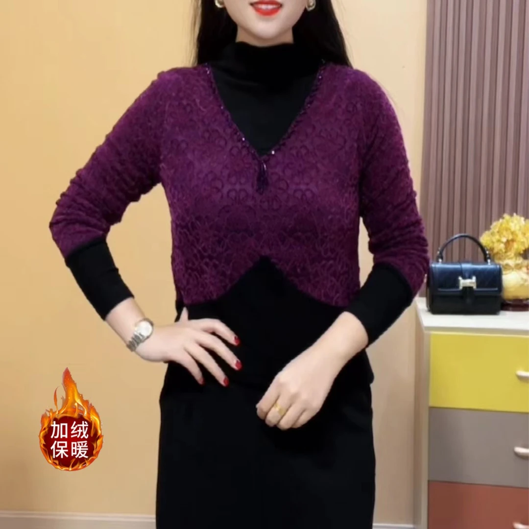 2023加绒百搭加厚蕾丝拼接气质显瘦女士上衣洋气保暖打底衫