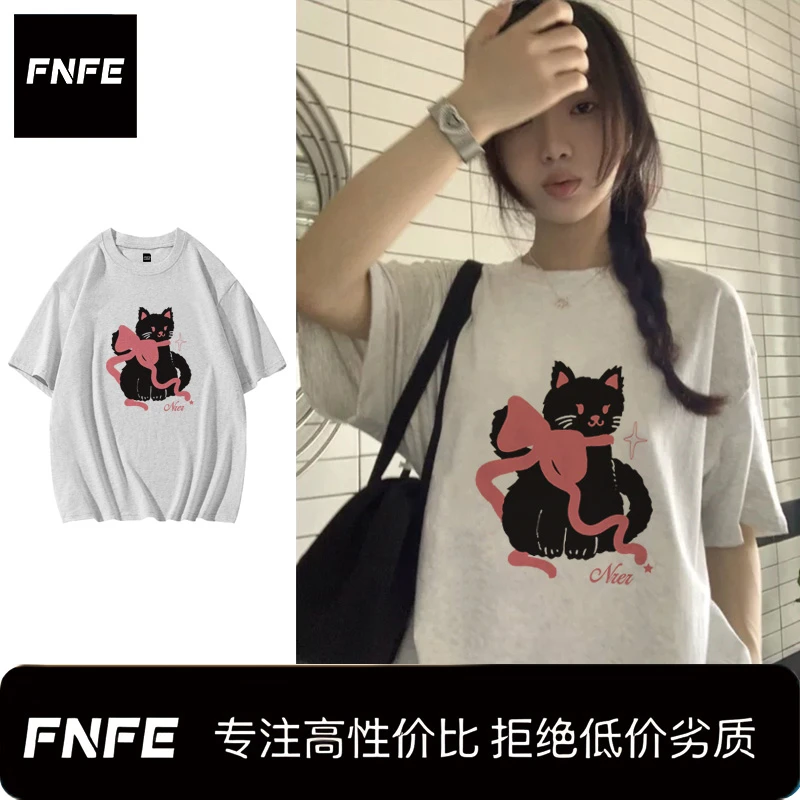 FNFE 230克纯棉百搭休闲猫咪宽松版港风夏季短袖t恤潮流韩版美式