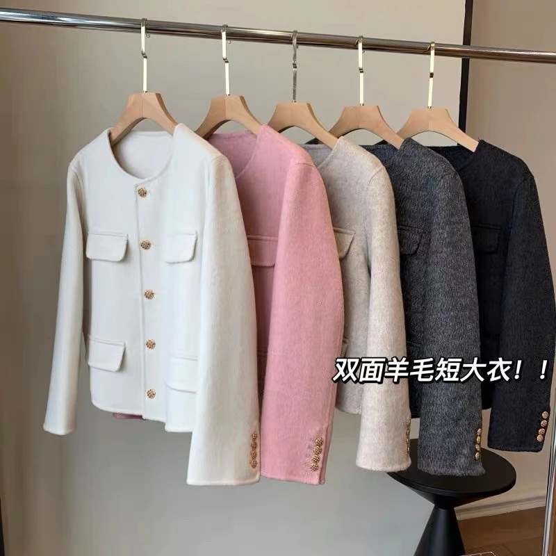 小香风双面羊毛外套时尚女短款春秋冬新款羊毛呢圆领上衣小个子