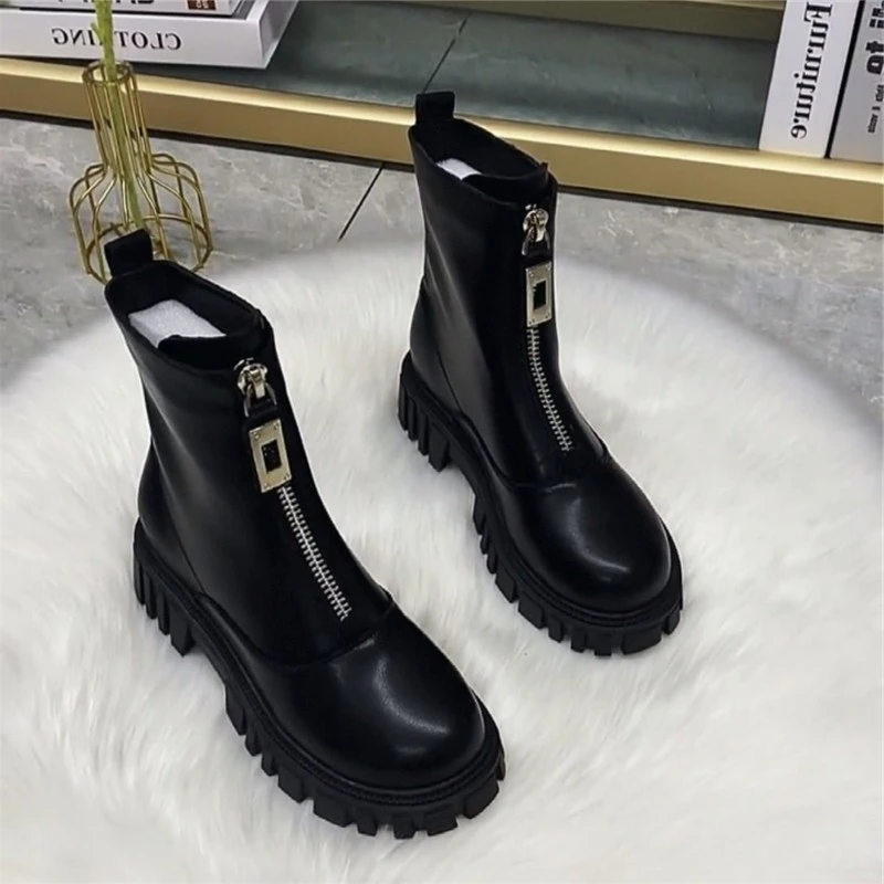 酷林森琪马丁靴女2023秋冬新款女鞋潮流气质前拉链厚底机车短靴潮