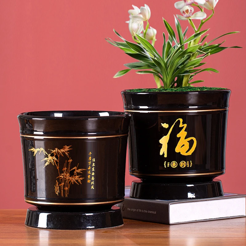 中国风花盆陶瓷带托盘简约个性室内君子兰多肉花盆栽大号透气花盆
