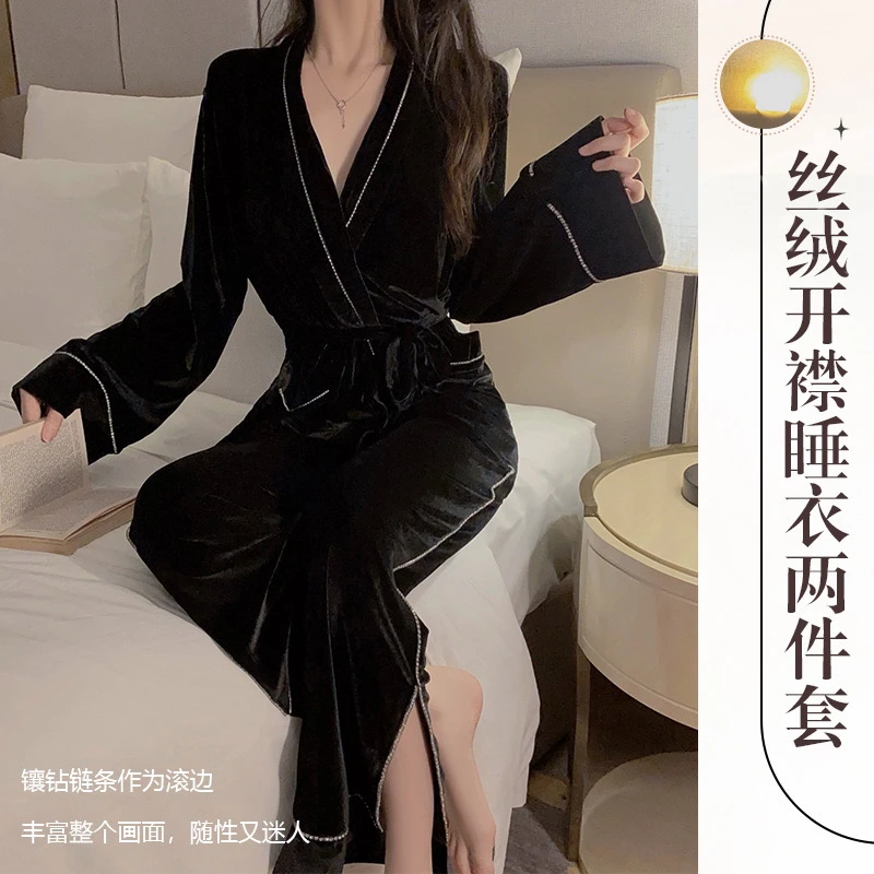 2024秋冬新款丝绒开襟性感系带上衣长裤开叉简约二件套家居服套装