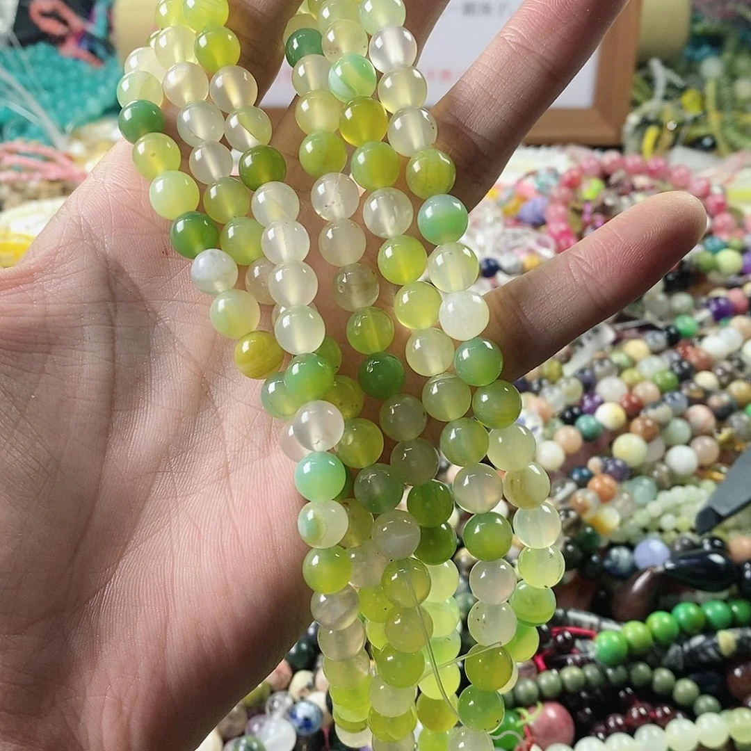 玛瑙/玉髓珠宝半成品合金一条天然绿苹果玛瑙8mm圆珠