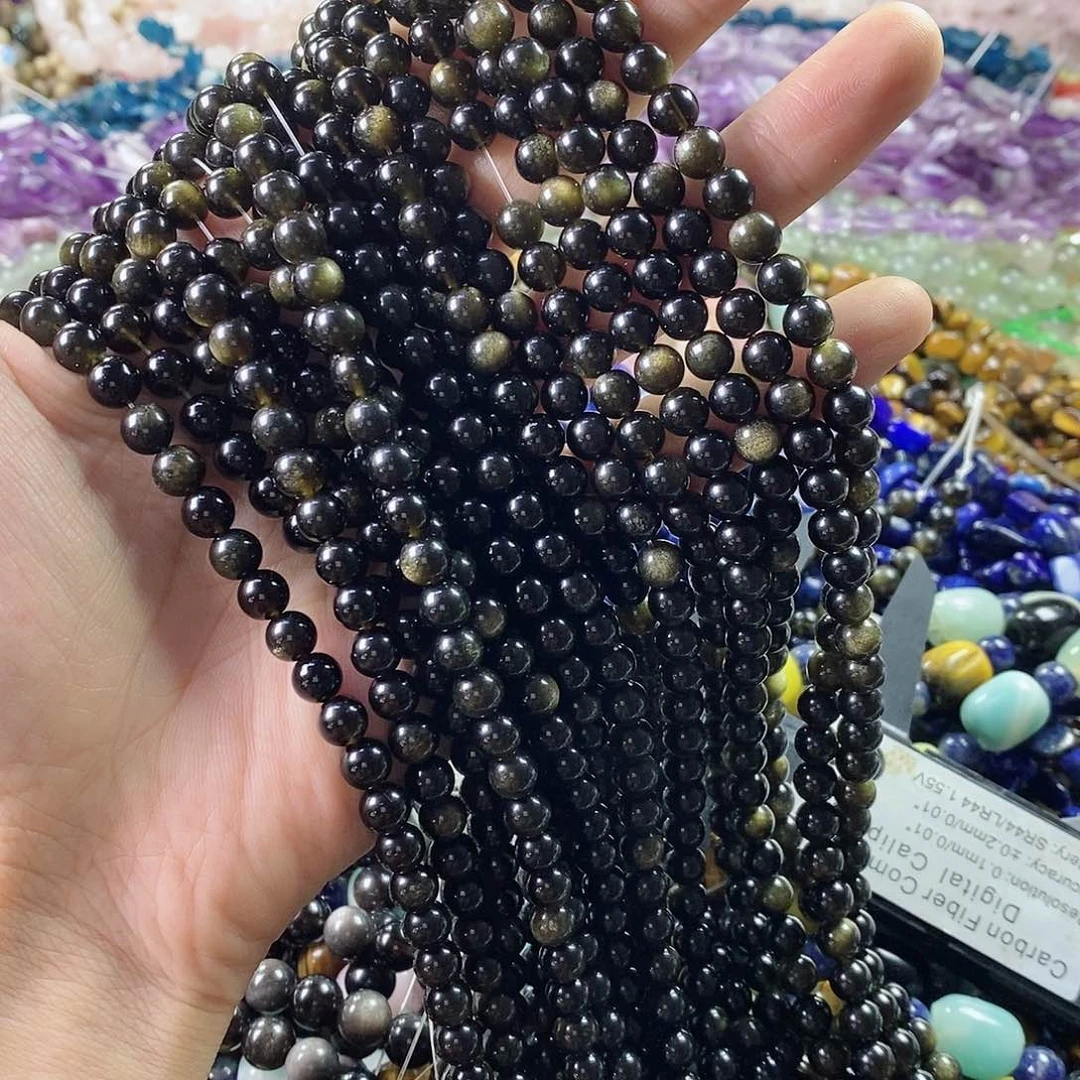 玛瑙/玉髓珠宝半成品合金一条天然透体金耀石圆珠6mm