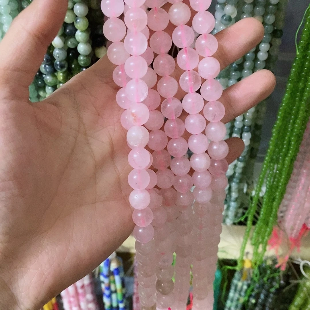 玛瑙/玉髓珠宝半成品合金一条天然有瑕粉水晶10mm圆珠