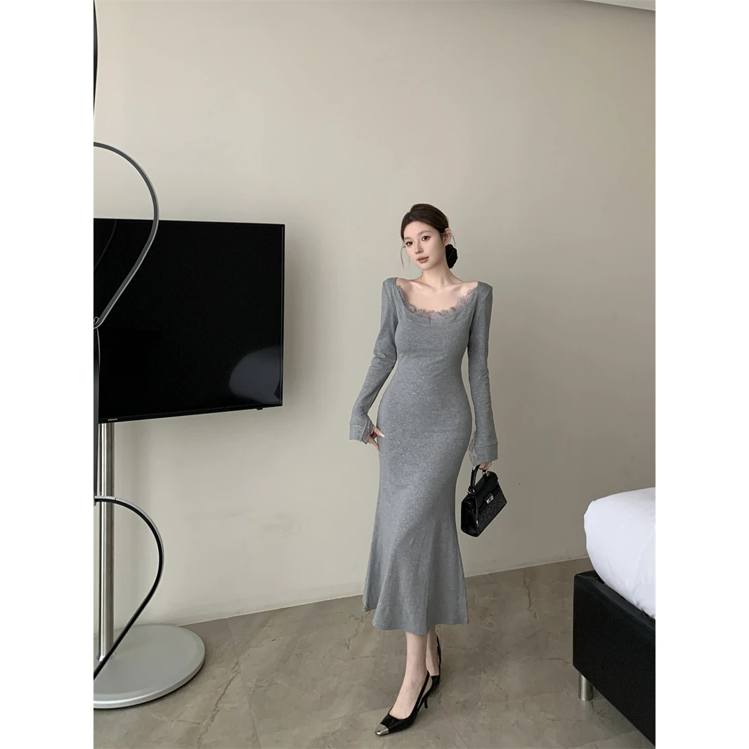 【星星闪钻】秋冬季2024年新款高级感蕾丝边御姐磨毛绒紧身包臀裙子