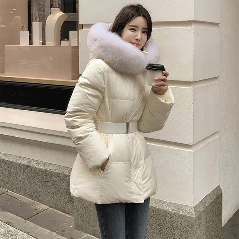 修身大狐狸毛领羽绒服女保暖白鸭绒外套女装韩版150-155小个子