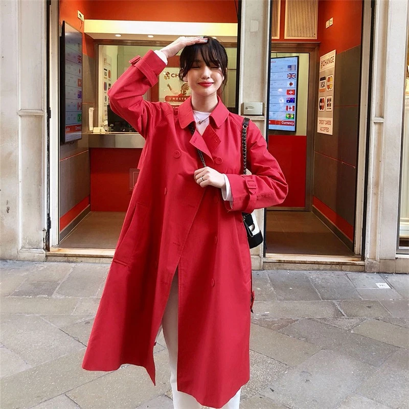 风衣外套春秋2025年新款韩版红色风衣外套女2025新款爆款洋气